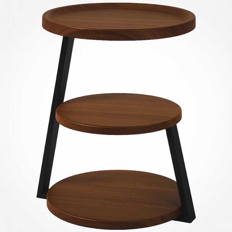 Ceruzo Moderne Bijzettafel – 3-Lagen – Bruin – Ø40 cm – Industrieel Design – MDF – Zwart Metaal