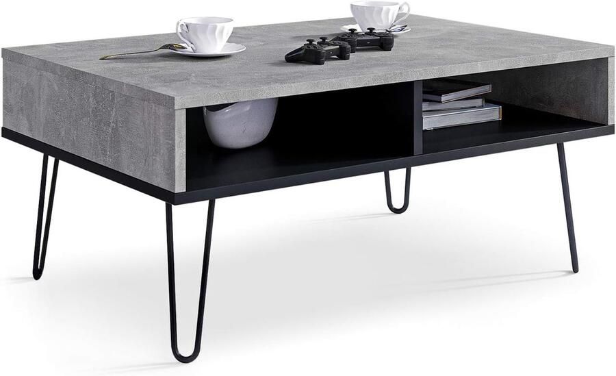 Moderne Bijzettafel in Beton & Zwart – Industriële Stijl met Metalen Poten voor de Woonkamer