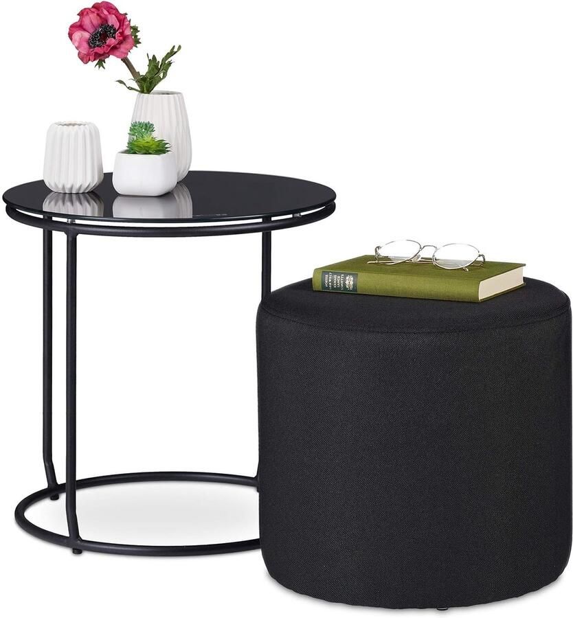 Moderne bijzettafel met poef ruimtebesparend 1 stuk zwart metaal en glas