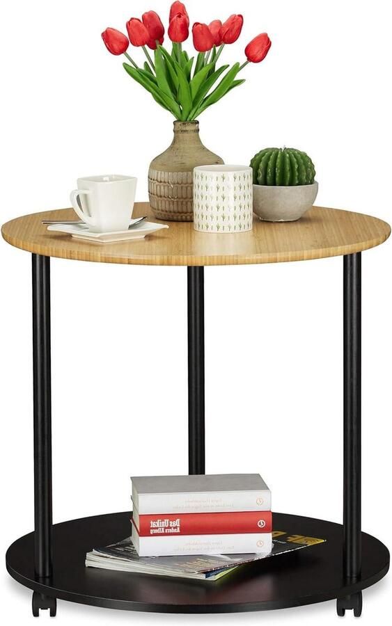 Moderne bijzettafel op wieltjes van bamboe Verrijdbaar tafeltje HxD 59x60 cm Zwart naturel nachtkastje zwart 60 cm hoog
