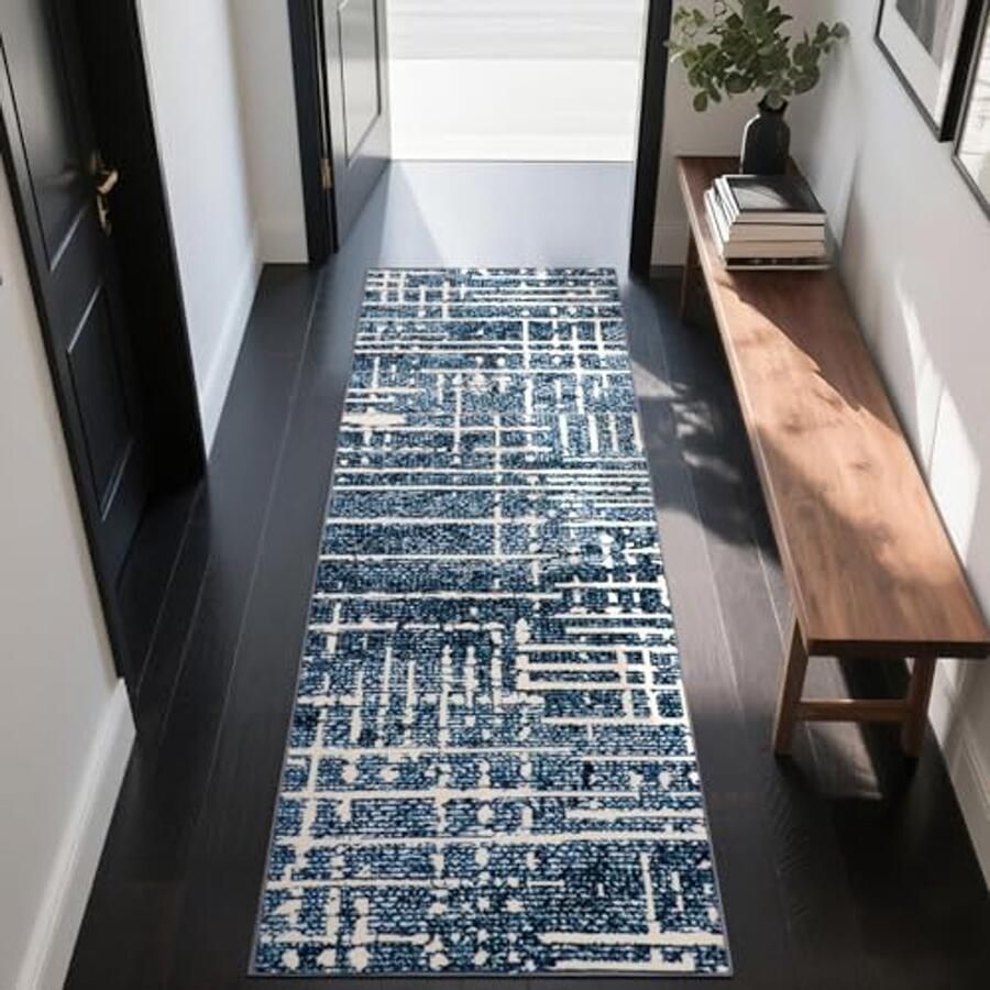Moderne Blauwe Abstracte Tapijtloper 60x180cm – Antislip en Machine Wasbaar