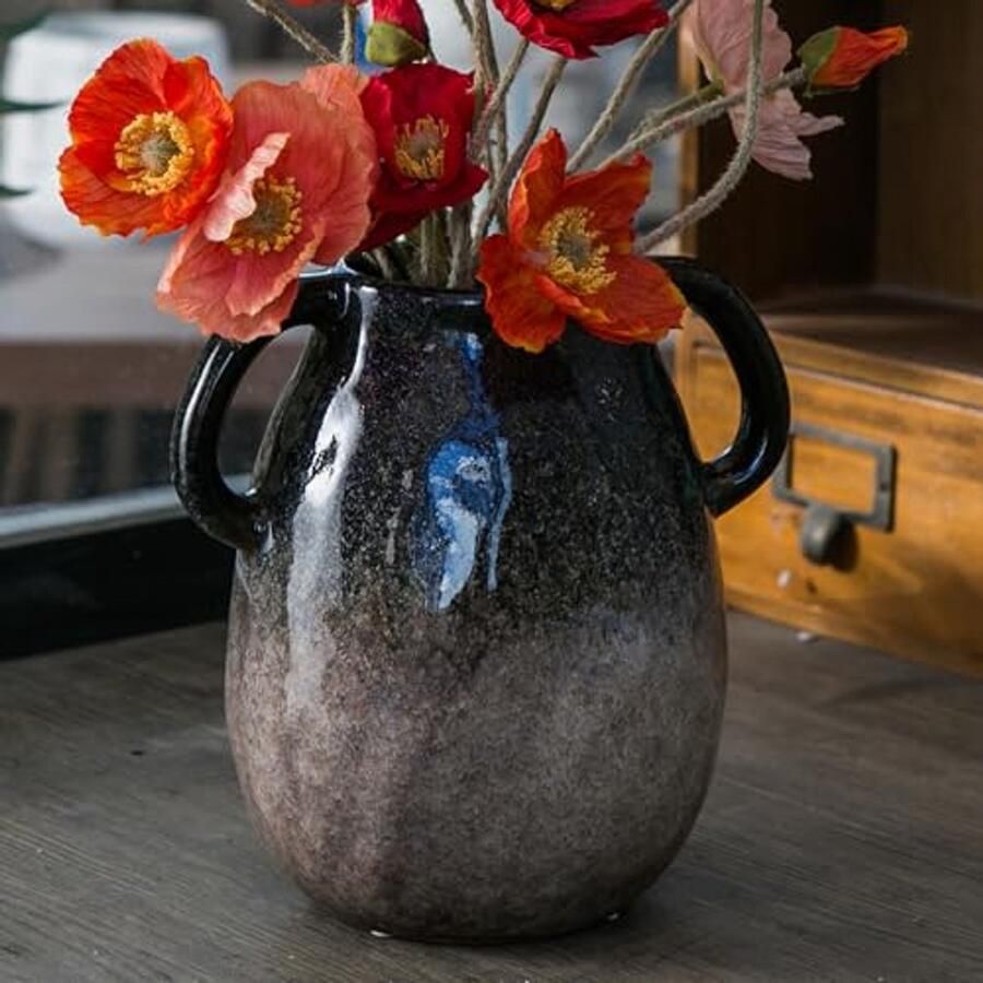 Moderne Blauwe Gradiënt Keramische Vaas met Handgrepen Decoratieve Bloem Vaas voor Eettafel