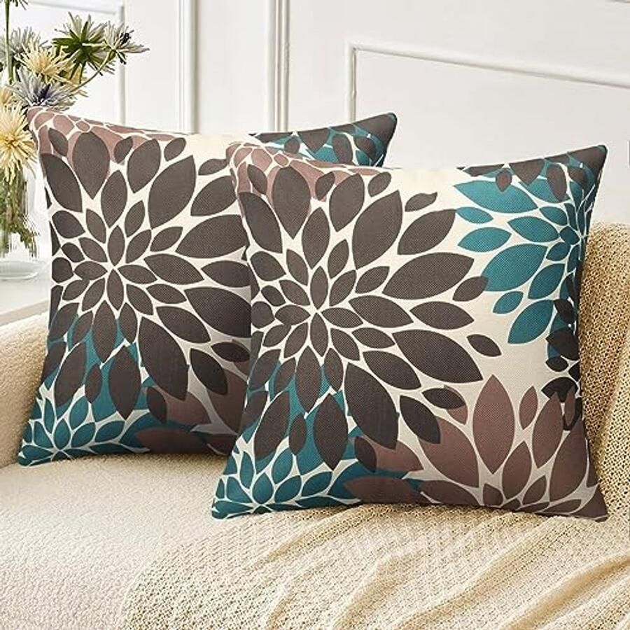 Moderne Bloemen Kussensloop Set van 2 Bruin en Blauwgroen 40 x 40 cm Voor Sofa Bed Balkon
