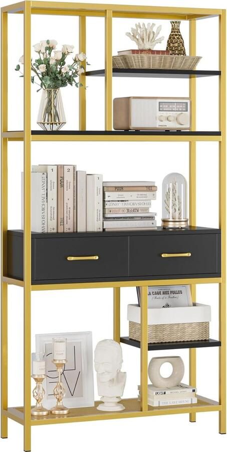 Moderne boekenkast met 5 niveaus en gouden metalen frame Houten opbergkast voor thuis en kantoor