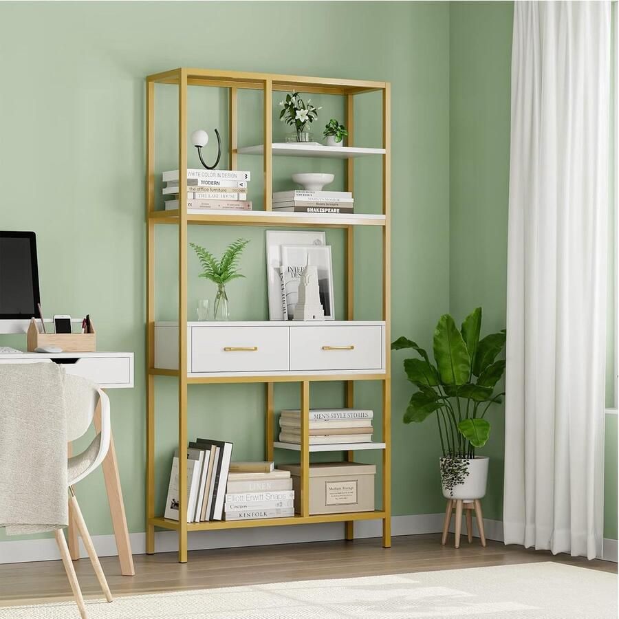 Moderne boekenkast met 5 niveaus en goudkleurig metalen frame