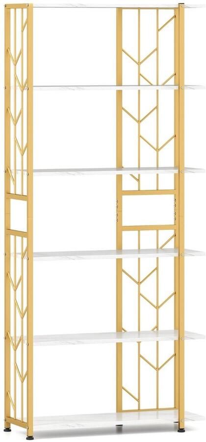 Moderne boekenkast met 6 planken – Geometrisch design duurzaam metalen frame vrijstaand – Wit Rustiek bruin