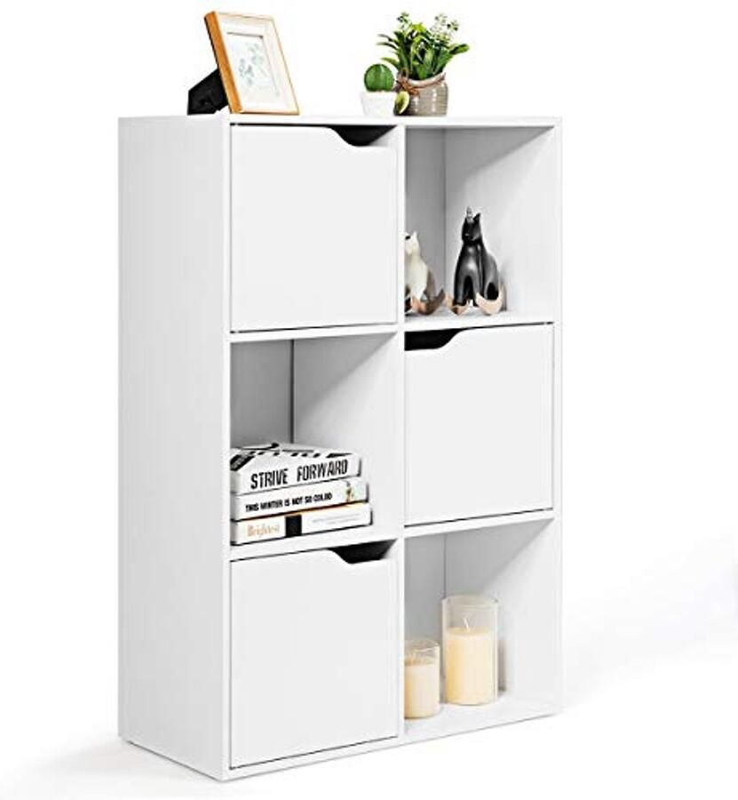 Moderne Boekenkast met 6 Vakken en 3 Deuren Houten Kubusrek met Kantelbeveiliging en Magneetsluiting Staand Opbergrek voor Woonkamer (60 x 29 x 90 cm)