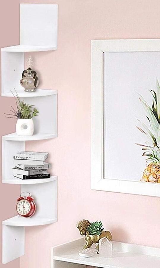 Moderne boekenkast wandplanken van melamine houtlook 5 hoekplanken afmetingen 123 x 20 cm wit