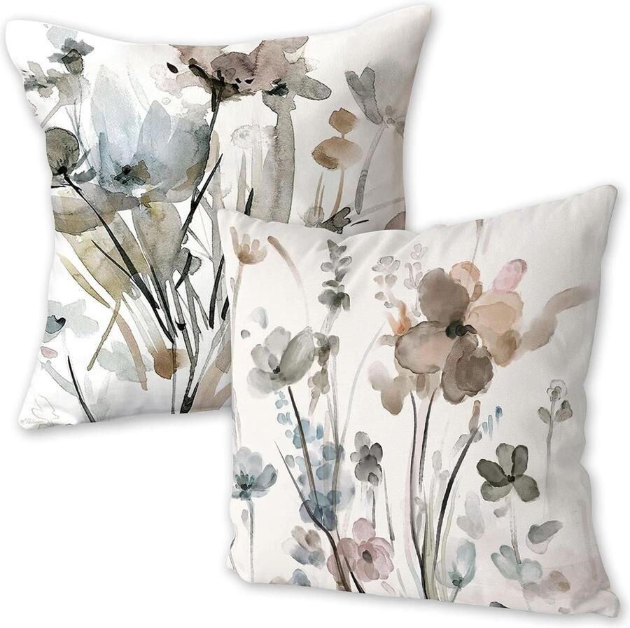 Moderne Boho Bloemen Kussenhoezen Set van 2 Abstracte Waterverf Bloemen Decoratieve Kussenhoezen voor Bank en Slaapkamer 45 x 45 cm