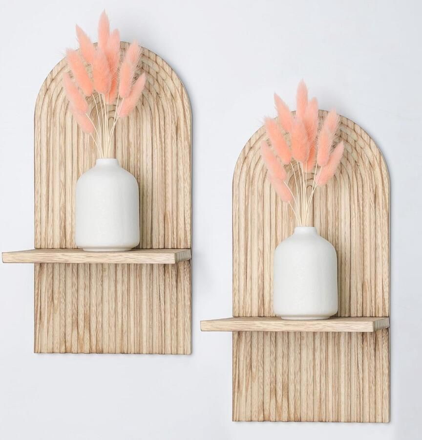 Moderne Boho Wandplank Hout Set van 2 voor Wanddecoratie