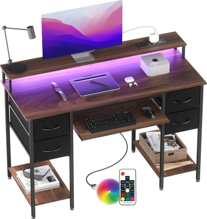 Moderne Bureau met Stopcontacten en LED 120x50cm Gaming Computertafel met Toetsenbordlade en Opbergruimte