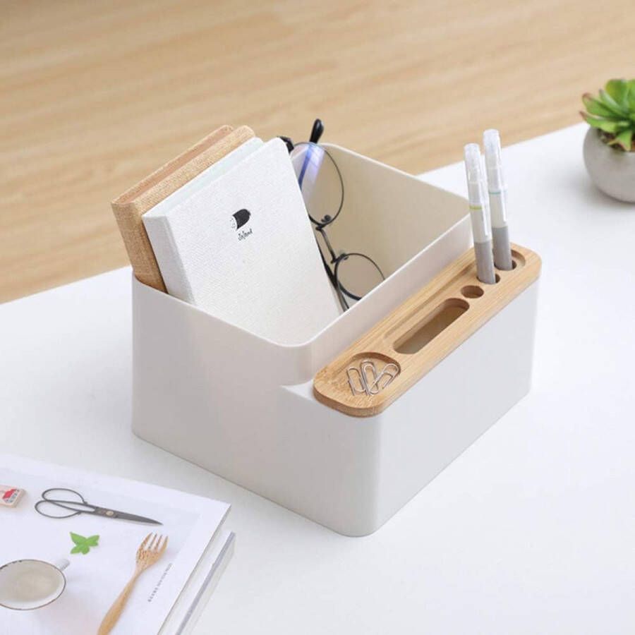 Moderne Bureau Opbergdoos Desktop Organizer Pen- En Make-up Borstelhouder 4 Compartimenten Handig Voor Kantoor & Thuis Bamboe & Kunststof Wit