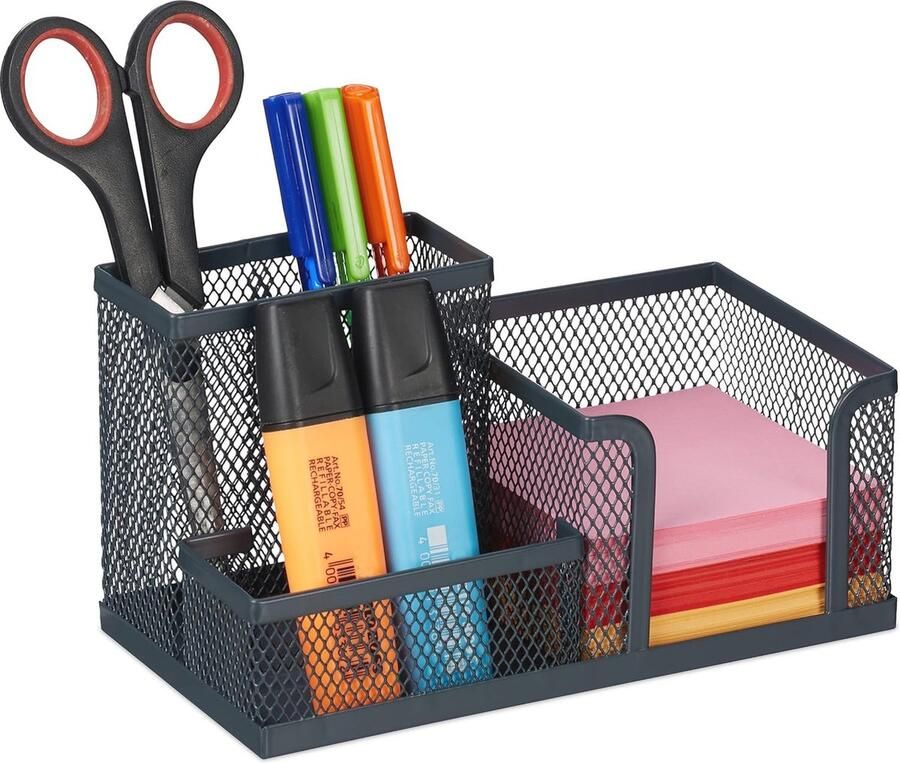 Moderne bureau organizer met 3 vakken Pennenbak en notitieblok houder Antraciet 10x18 5x9 5 cm