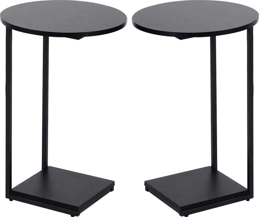 Moderne C-vormige Bijzettafel Set met Houten Blad en Metalen Frame