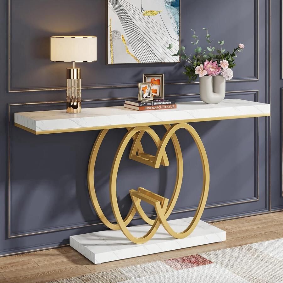 Moderne Console Tafel Dressoirtafel met Geometrische Metalen Poten Bijzettafel Nep-Marmer Metaal Wit en Goud 140 x 35 x 80 cm