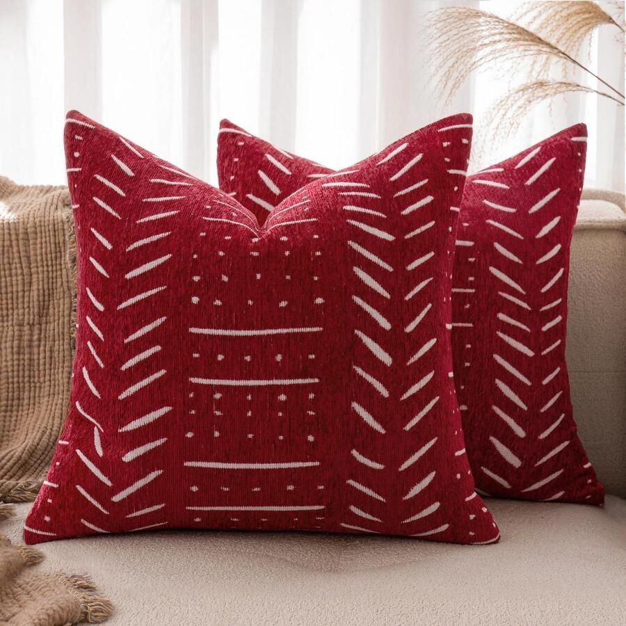 Moderne decoratieve chenille sierkussenhoezen voor bank of woonkamer slaapbank met onzichtbare rits 40 x 40 cm 2 stuks B-rood