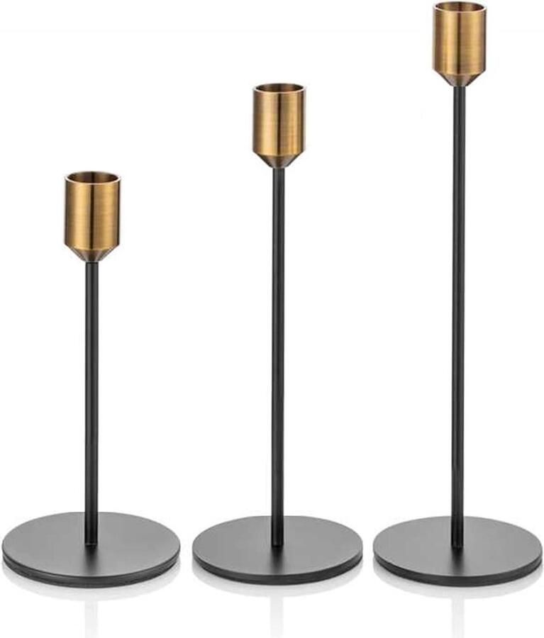 Moderne Decoratieve Ijzeren Kandelaar Houder Set van 3 32cm 28cm 22cm Voor Taper Kandelaars Thuis Open Haard Mantel Eettafel Bruiloft Middenstuk Decoraties Goud & Zwart