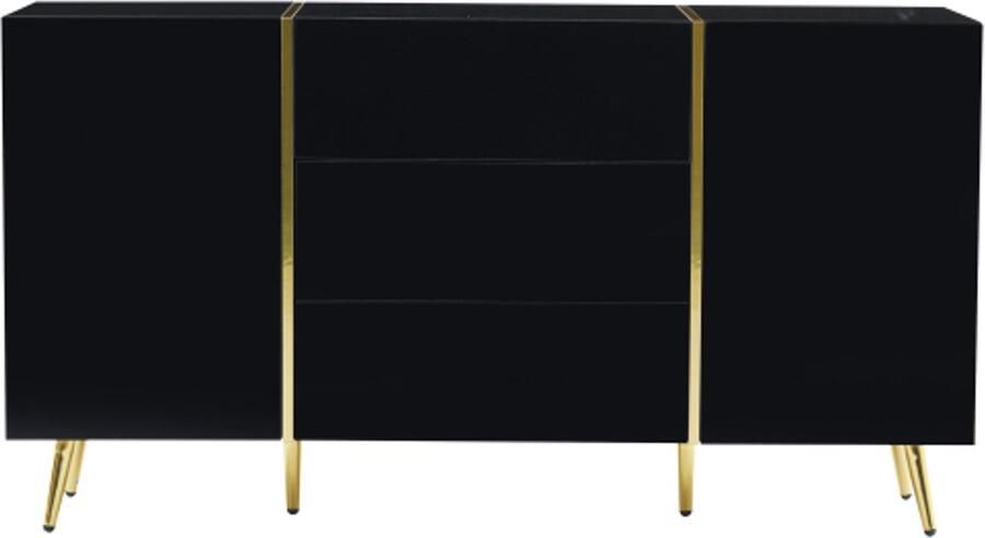 GOTAGEE Moderne decoratieve zwarte hoogglans kast multifunctionele opbergkast 2 deuren 3 laden eetkamerkast gouden decoratie 140*40*76cm