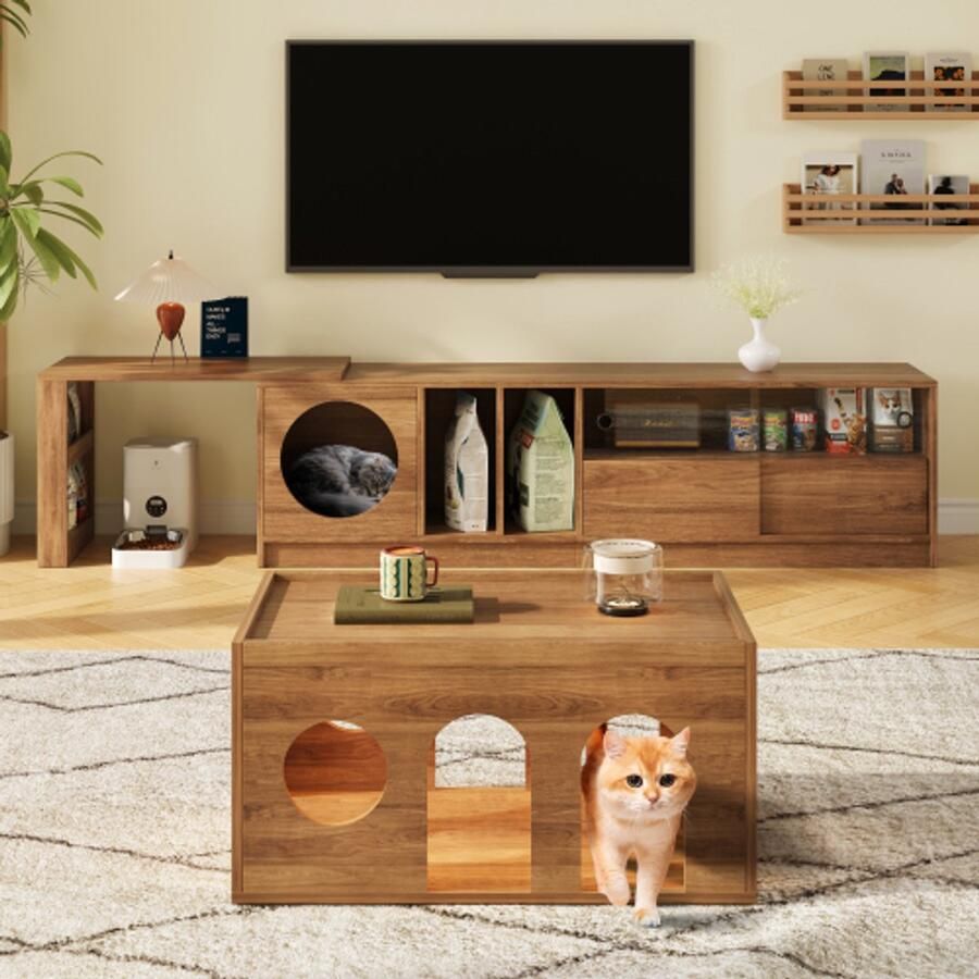 Moderne draaibare tv-kast – multifunctioneel en uitschuifbaar huisdiervriendelijk met staal versterkte glazen deuren rustruimte voor katten (zonder kattenkussen) notenhoutkleurig 180(+80)×40×50 cm