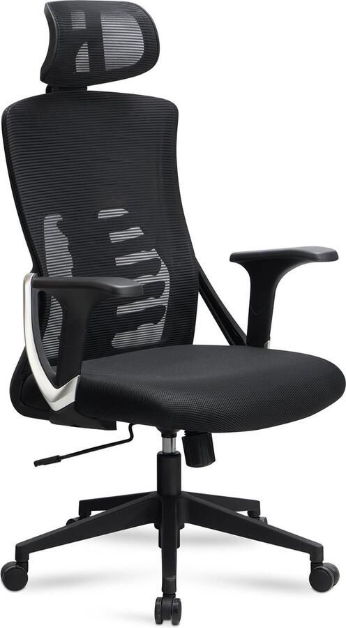 Rootz Living Rootz Moderne Draaistoel Bureaustoel Ergonomische stoel Mesh bekleding 113cm x 65cm x 65cm Zwart Zilveren decoraties Schommelmechanisme Verstelbare zithoogte Lendensteun