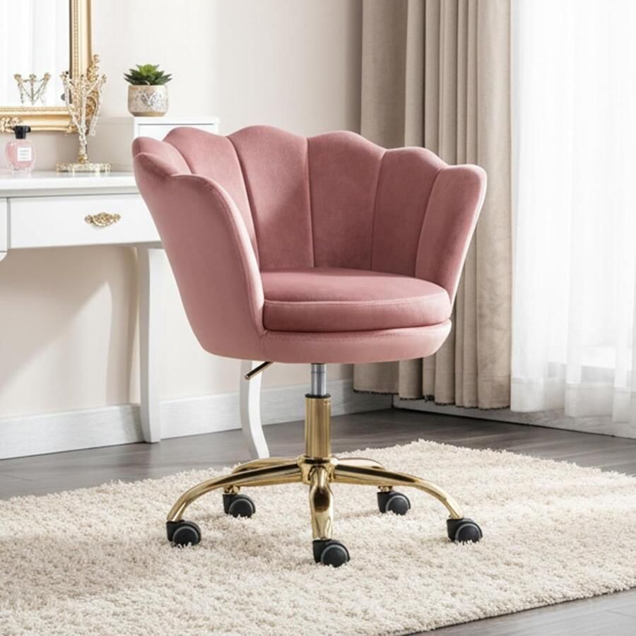 Moderne draaistoel met fluweel verstelbare bureaustoel met gouden poten voor slaapkamer en make-uptafel roze