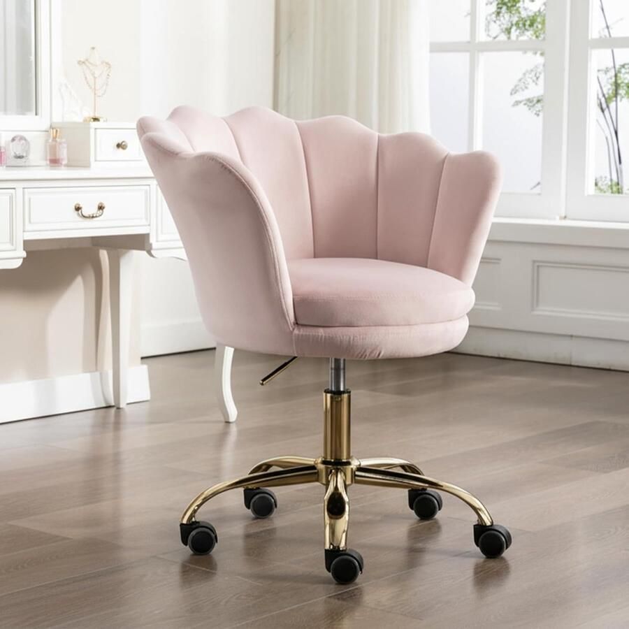 Moderne Draaistoel van Fluweel met Gouden Poten Verstelbare Bureaustoel voor Slaapkamer en Make-uptafel Lichtroze