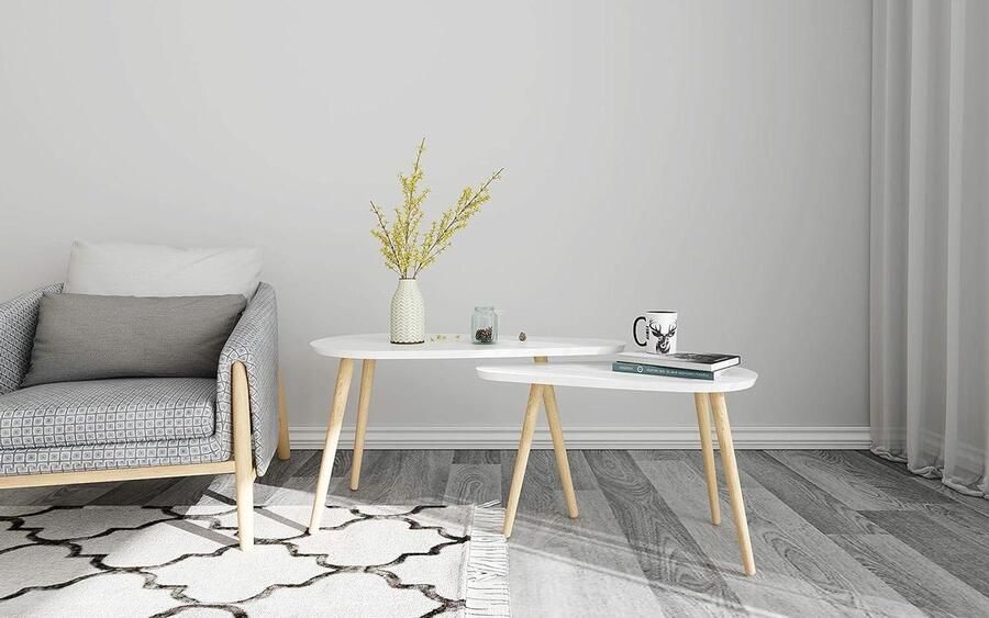 Moderne driehoekige witte houten salontafels voor woonkamer en kantoor set van 2 ronde bijzettafel