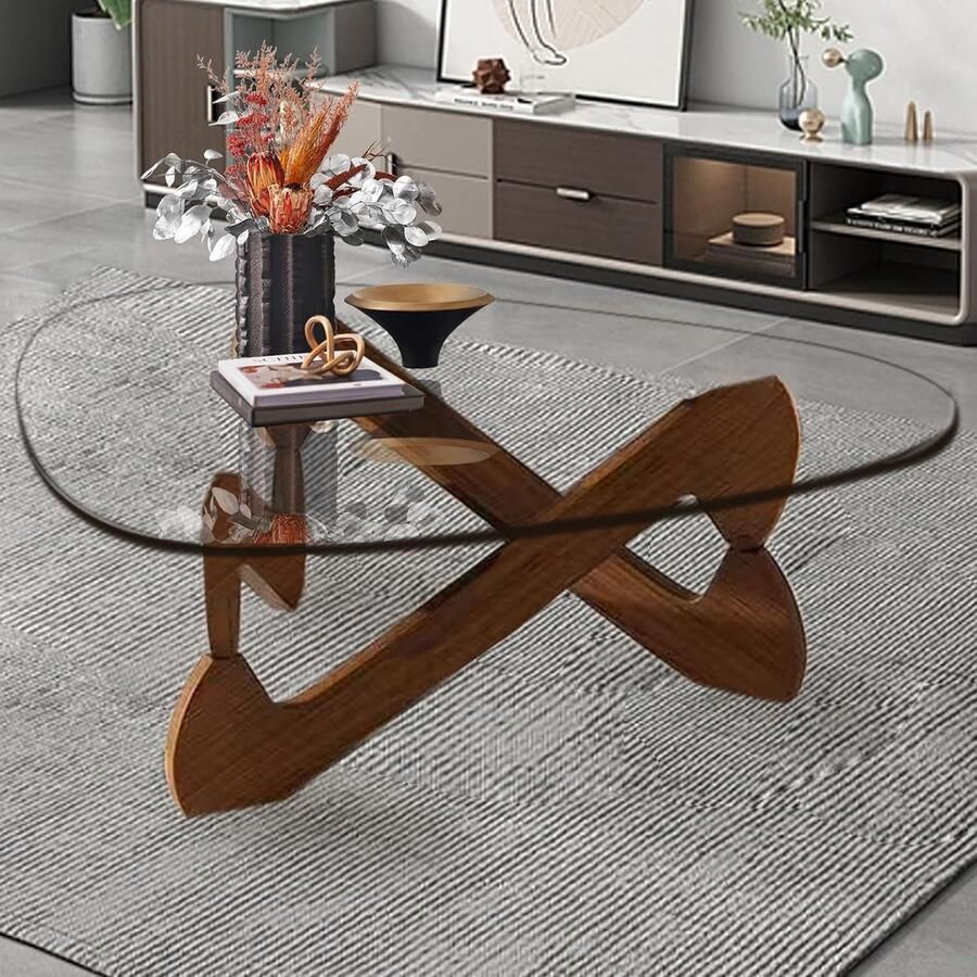 Moderne Driehoekige Salontafel van Glas en Hout voor Woonkamer