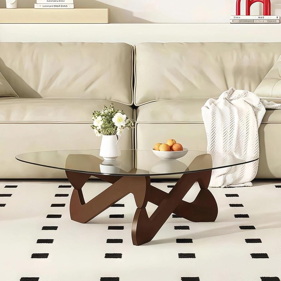 Moderne Driehoekige Salontafel van Glas met Houten Basis Transparante Woonkamertafel voor een Strakke Interieur