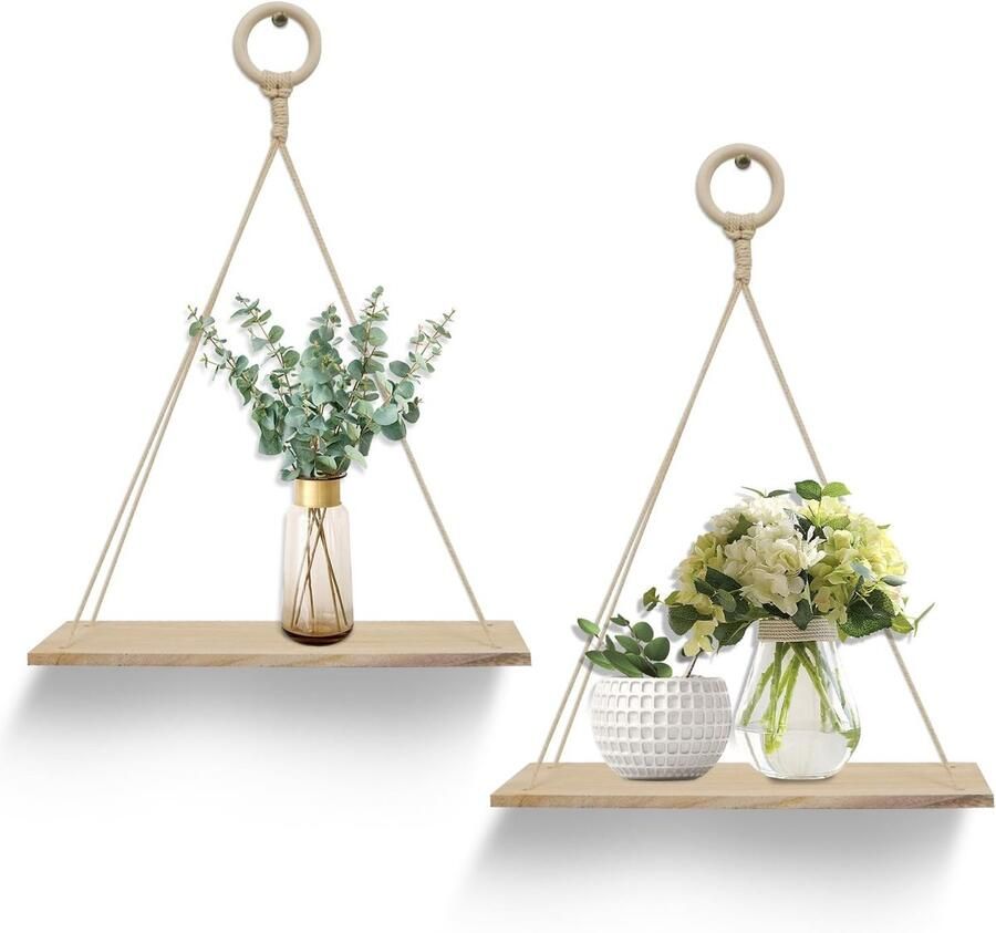 2 Stuks Drijvende Planken met Touw voor Muurdecoratie in Hout Moderne Wandplanken voor Woonkamer Badkamer en Slaapkamer Set van 2 - Foto 2