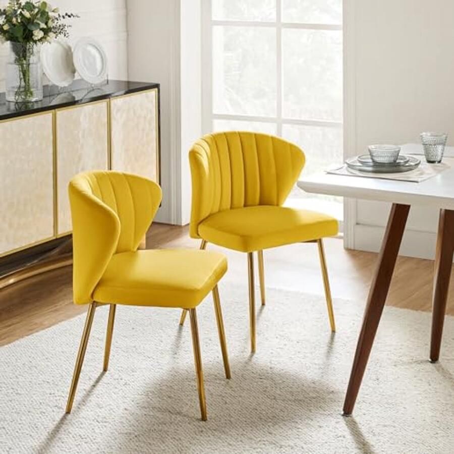 Moderne Eetkamerstoelen Fluwelen Keukenstoelen met Comfortabele Zitkussens en Metalen Poten (2-pack Geel)