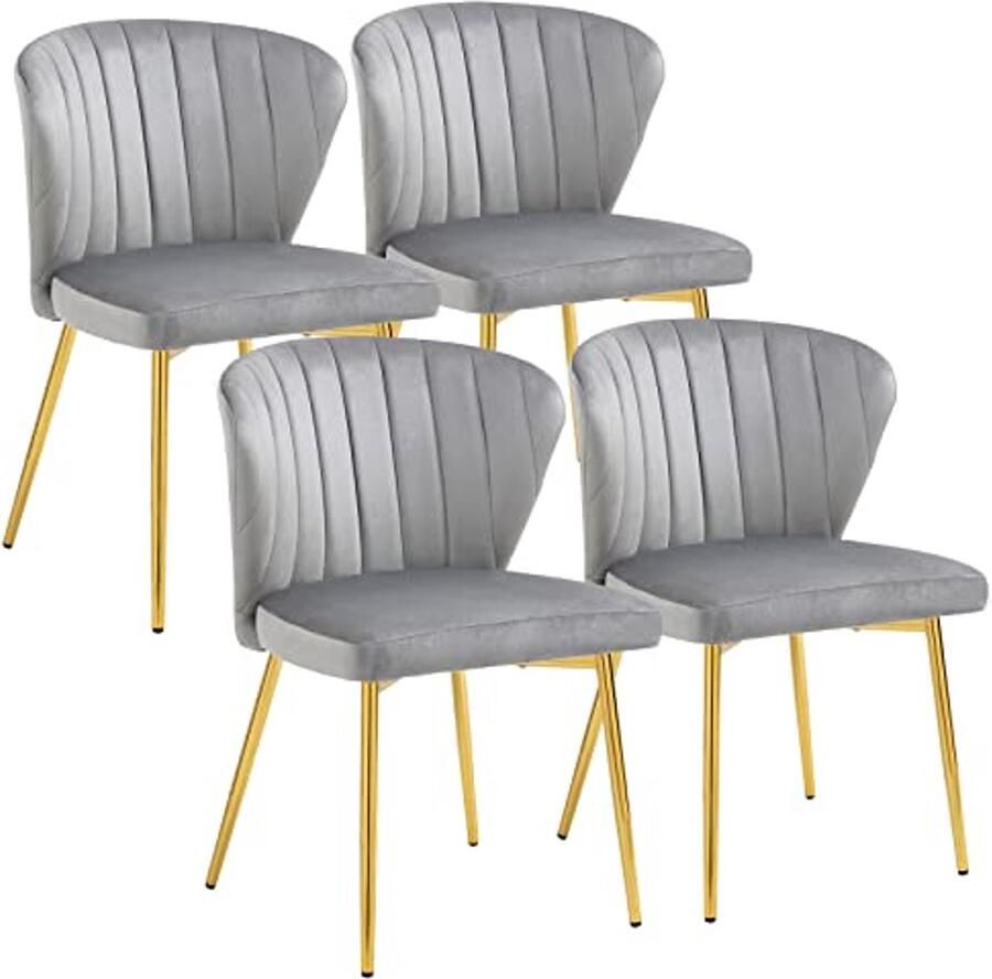 Moderne Eetkamerstoelen van Fluweel 4 Stuks in Grijs met Gouden Metalen Poten voor Woonkamer Keuken en Vergaderruimte