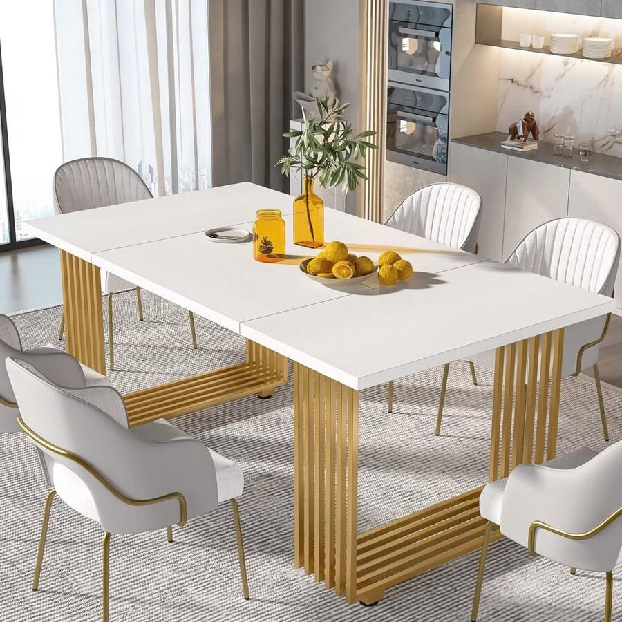 Moderne Eettafel voor 6-8 Personen Wit en Goud Robuuste Houten Tafel met Metalen Poten