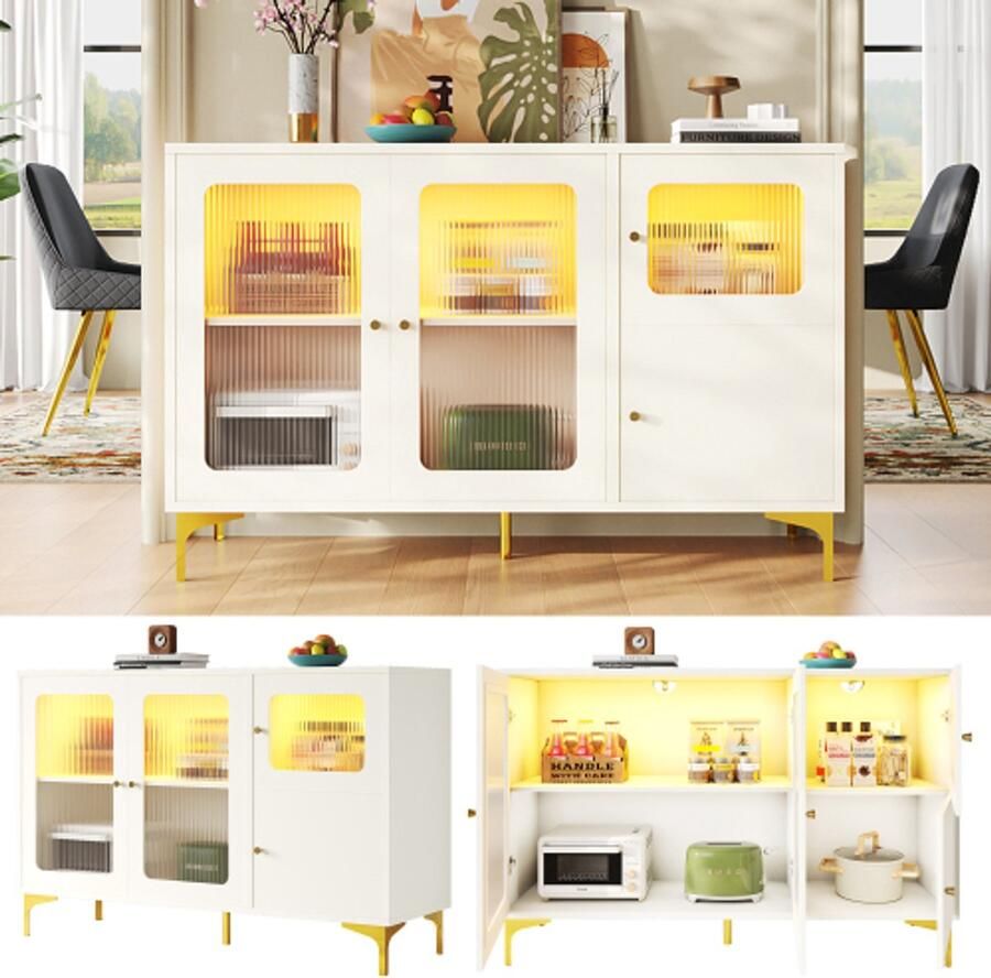 Steven moderne en eenvoudige witte sideboard (140x40x90 cm) Changhong-glasdeur-ontwerp integreerd warme ambientverlichting met decoratieve metaaldetails en veel opbergruimte geschikt voor eetkamer