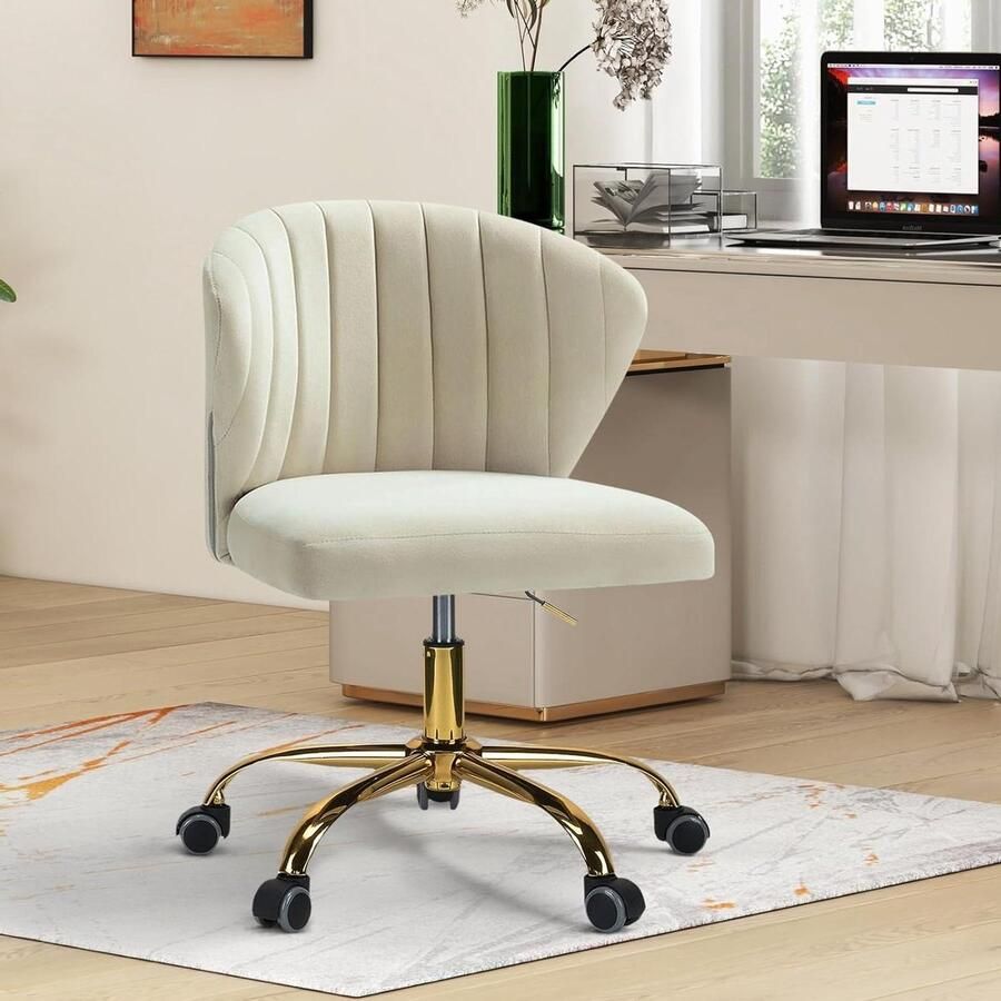Moderne Fluweel Bureaustoel Zwenkwielen In Hoogte Verstelbaar Beige Geschikt voor Woonkamer Slaapkamer Bureaustoel