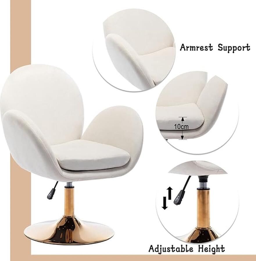 Moderne fluwelen bureaustoel – Ergonomisch draaibaar en in hoogte verstelbaar – Beige