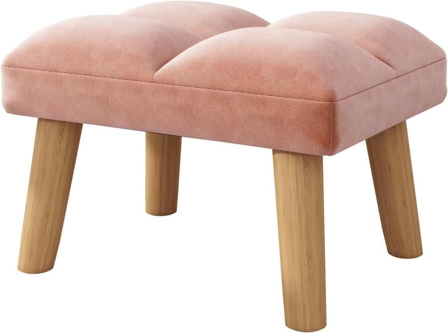 Moderne Fluwelen Voetenbank Kleine Stoel met Houten Poten voor Woonkamer en Slaapkamer