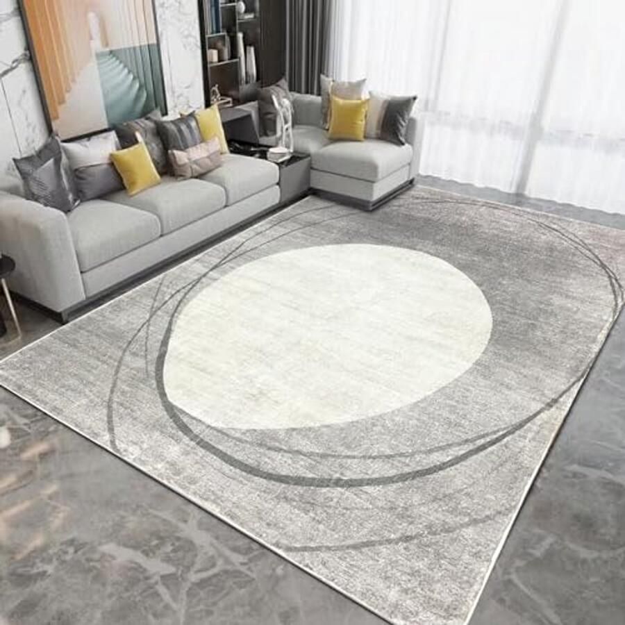 Moderne Geometrische Rond Vloerkleed voor Woonkamer Kort Pool Antislip Lichtgrijs Beige 200 x 250 cm