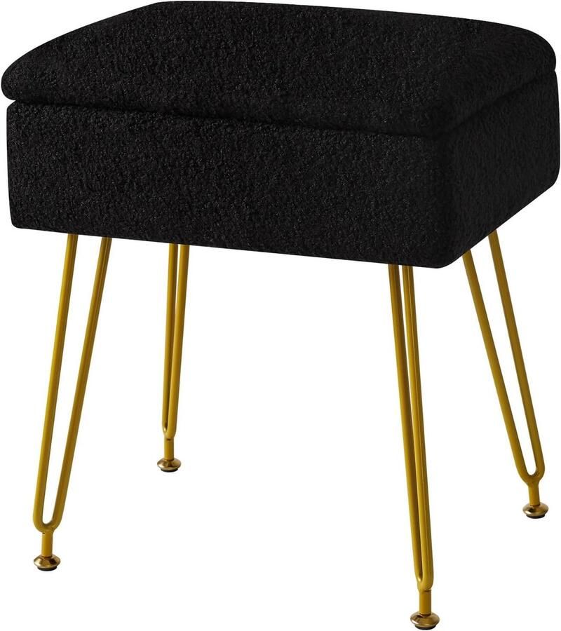 Opslag Ottomanen Stoel Kruk Gestoffeerd Voetenbank Modern Teddy Fleece Materiaal Kaptafel Kruk Poef Bankkruk Metalen Poef 40×30×47CM Zwart HBD031B Woonkamer Slaapkamer