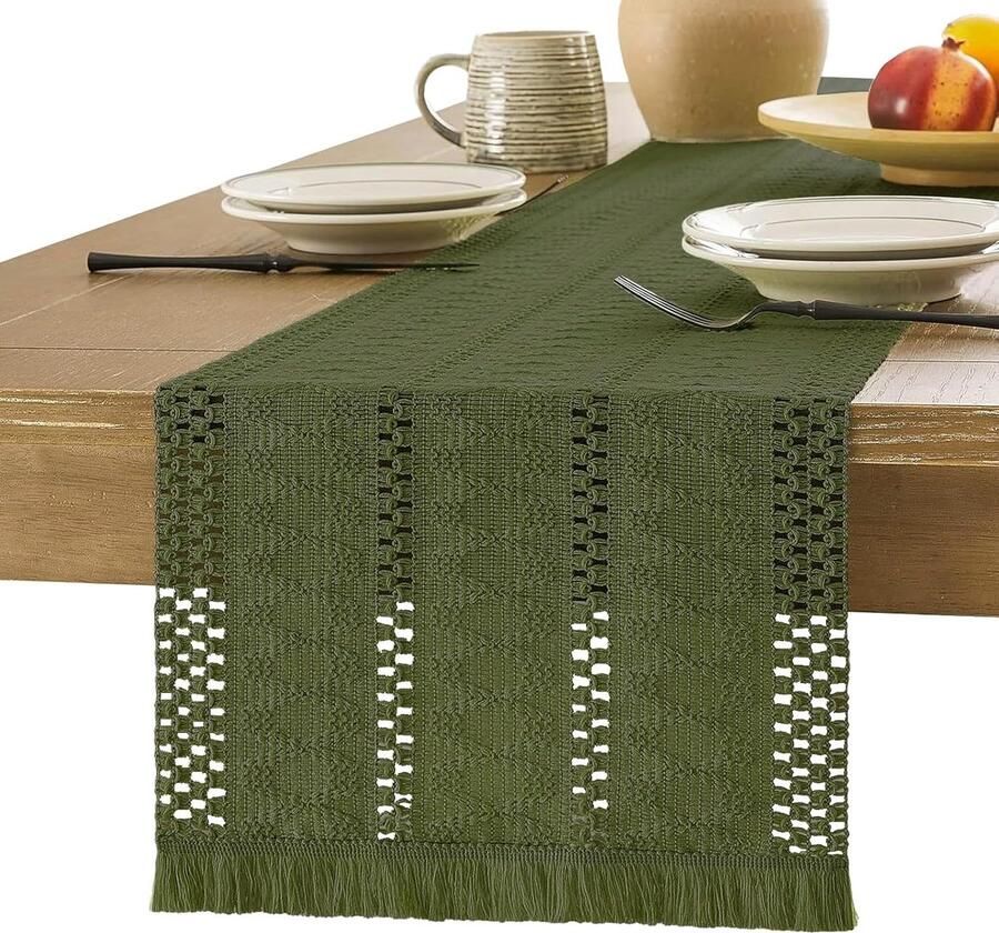 Moderne geweven tafelloper Boho stijl 1 stuk Groen salie Katoen linnen en polyester