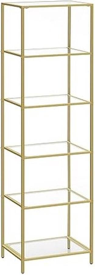 ZAZA Home Moderne Gouden Glazen Plank met 6 Lagen Boekenkast en Display Stand Gehard Glas Eenvoudige Montage voor Woonkamer Slaapkamer Kantoor
