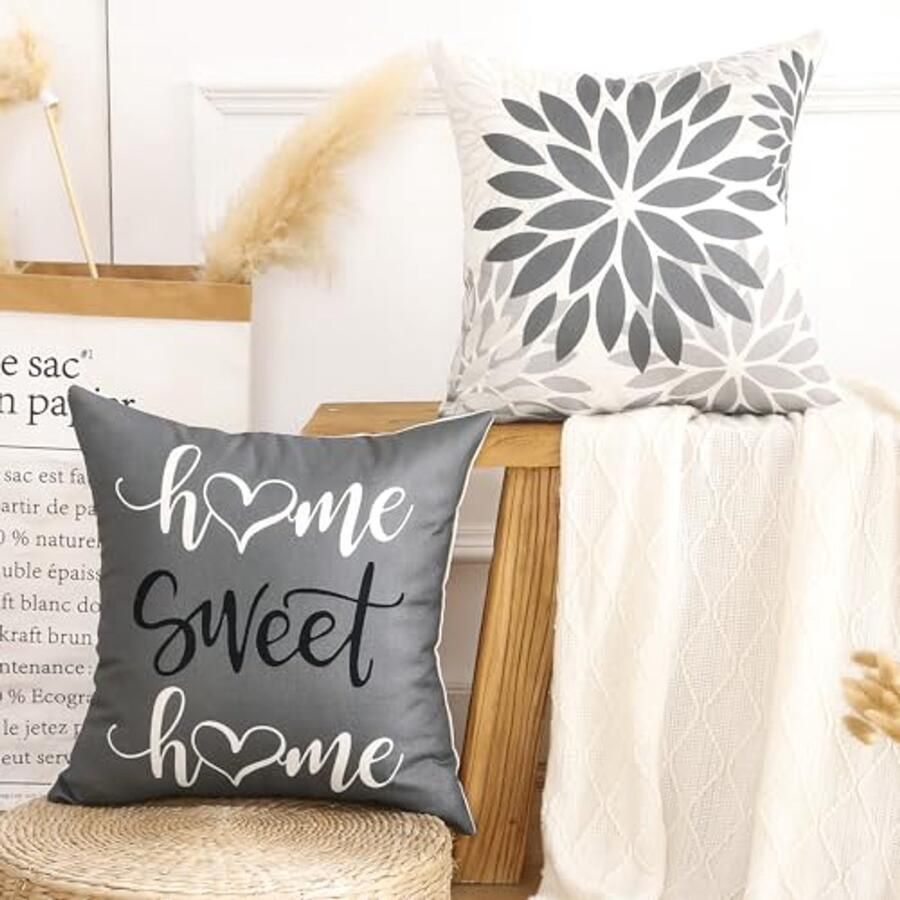 Moderne grijze kussenhoezen met dahlia's Set van 2 45 x 45 cm Decoratie voor bank woonkamer slaapkamer en buiten