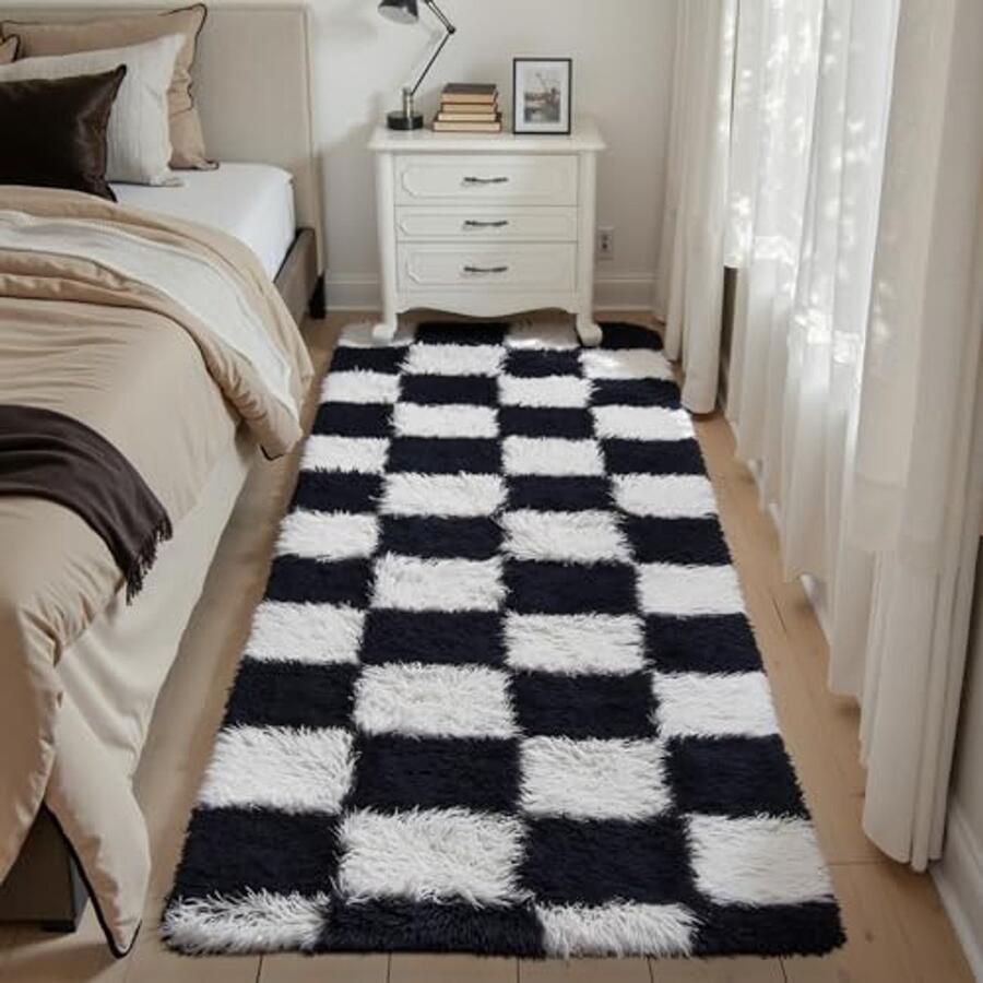 Moderne Hoge Pool Checkered Loper Tapijt 60x180cm Zwart Wit Antislip Zacht en Fluffy Voor Keuken Hal Slaapkamer Kinderen Lounge