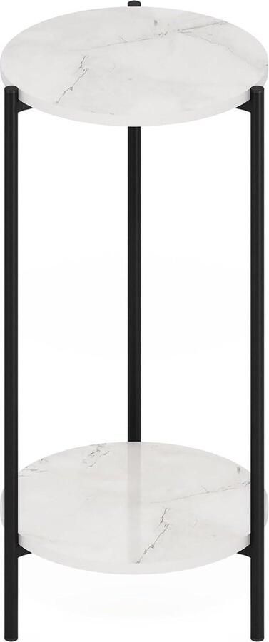 Moderne hoge ronde bijzettafel met stevige metalen poten marmerwit 2-laags