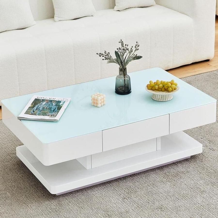 Moderne hoogglans salontafel met 2 laden en gehard glas koffietafel voor woonkamer en kantoor