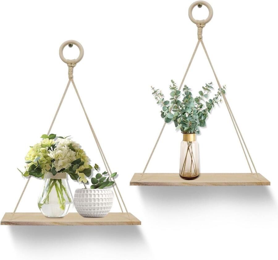 2 stuks wandplank houten hangende planken met touw hangende zwevende planken drijvende houten planken boho decoratie voor keuken slaapkamer badkamer kantoor kleine planten decor wanddecoratie woonkamer