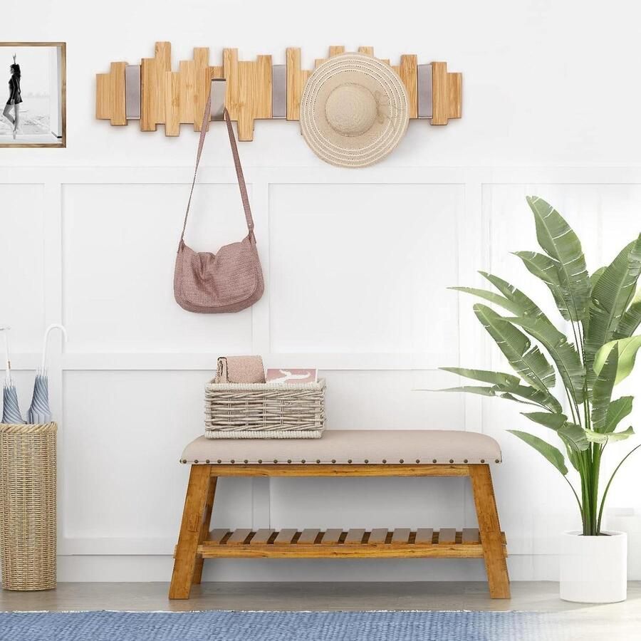 Moderne houten en bamboe wandgarderobe met 5 haken voor gangen slaapkamer en badkamer (40 x 11 x 2 cm)