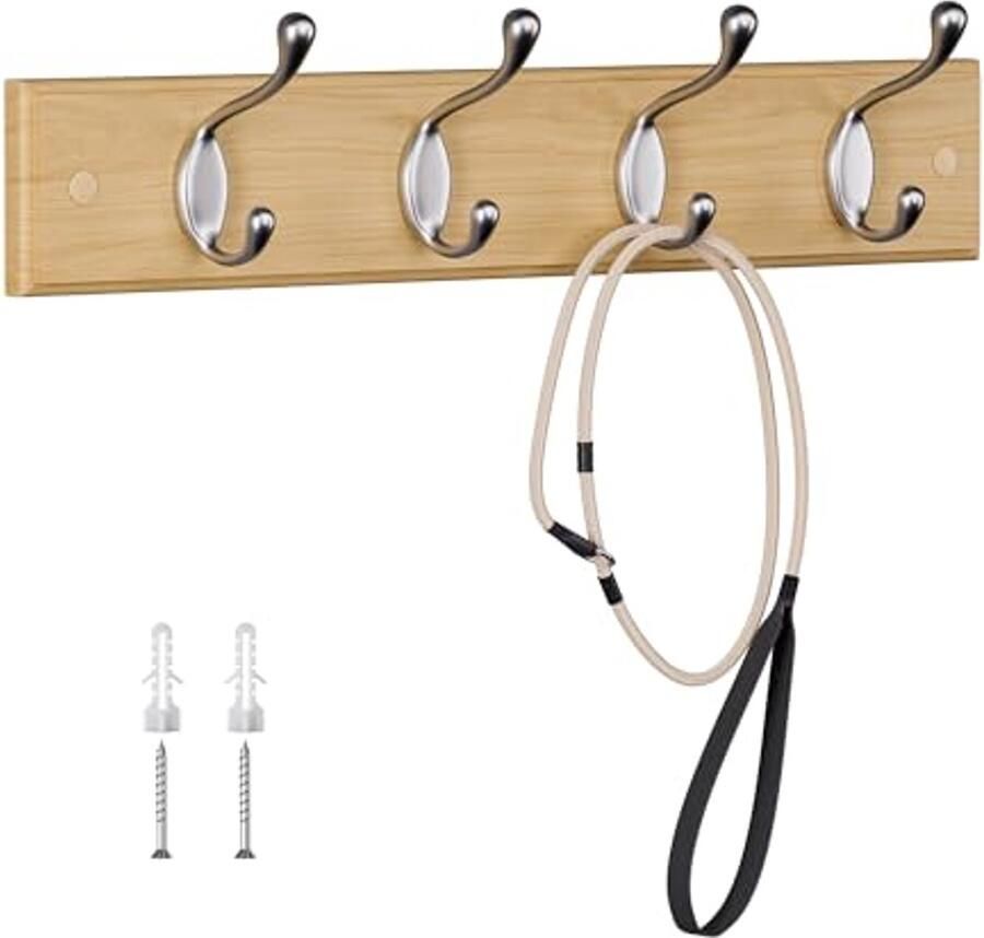 Moderne houten garderobehaken met 4 haken voor jassen en accessoires Wandkapstok 40 cm