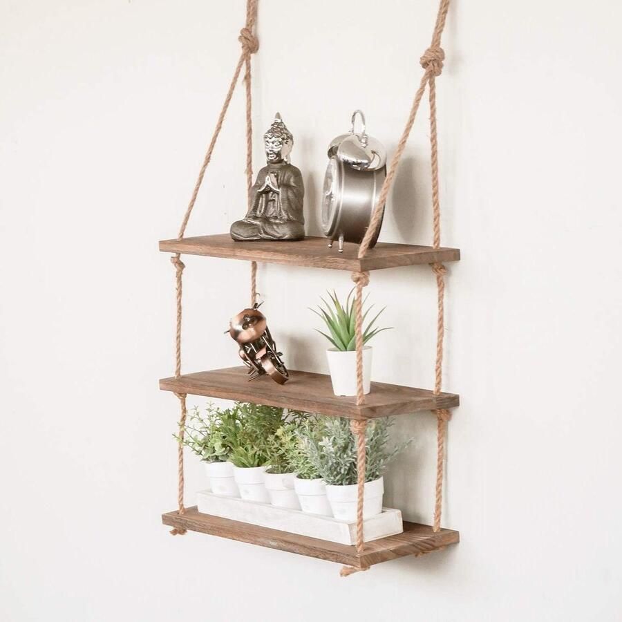 Moderne houten touwplanken met 3 niveaus rustieke wandgemonteerde zwevende planken decoratieve hangende planken voor kinderkamer keuken badkamer planken voor slaapkamer woonkamerdecoratie