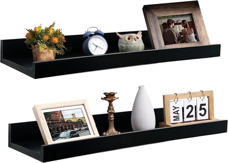 Luvetrex Moderne Houten Wandplanken Set van 2 Decoratieve Zwevende Plank voor Slaapkamer Keuken Kantoor Woonkamer Zwart 40 x 15 cm
